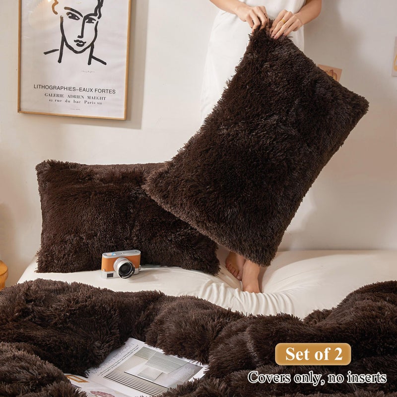 XeGe Faux Fur Brown Pillow Cases, Plush Shaggy Ultra Soft Fluffy Velvet Decorative Pillowcases, Furry Fuzzy Pillow Shams Zipper Closure, Set of 2 (Standard, Coffee) - Image 2